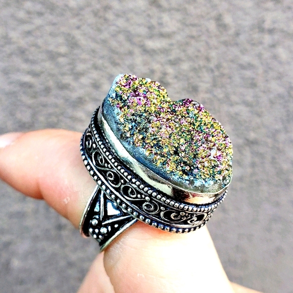 New Titanium Druzy 925 Silver Statement Ring. - Picture 1 of 12